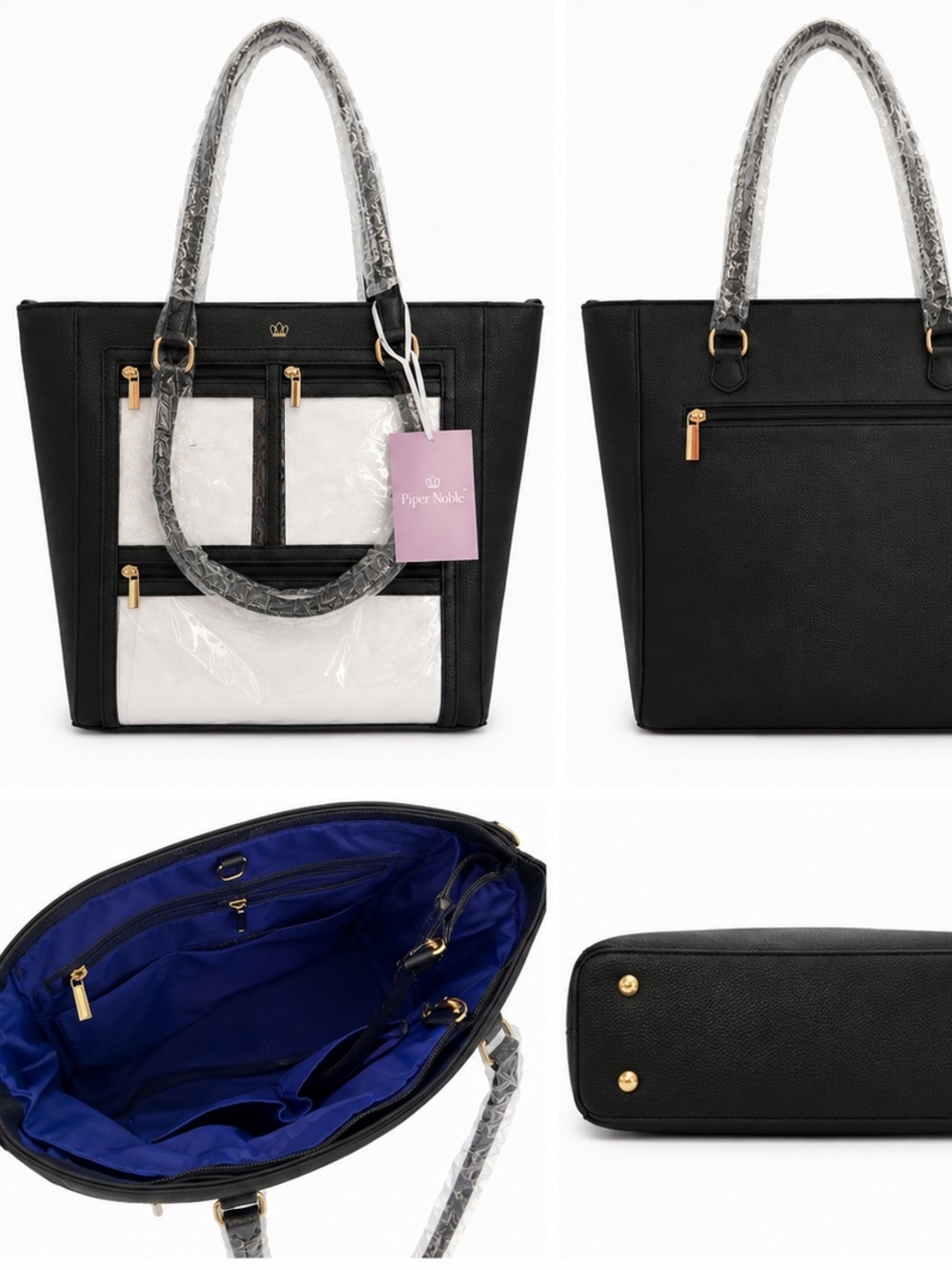 NWT Piper Noble Black Structured Work Tote Laptop Bag Gold Hardware